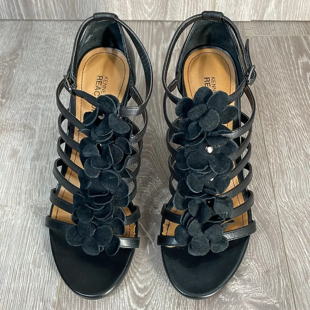 NWOT Kenneth Cole Reaction Know Show Strappy Floral Black Leather High H…